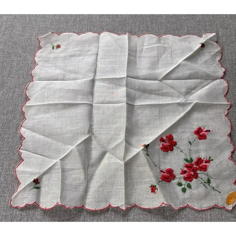 Vintage Embroidery All Cotton Hankie Handkerchief Red Floral & Sticker Scalloped